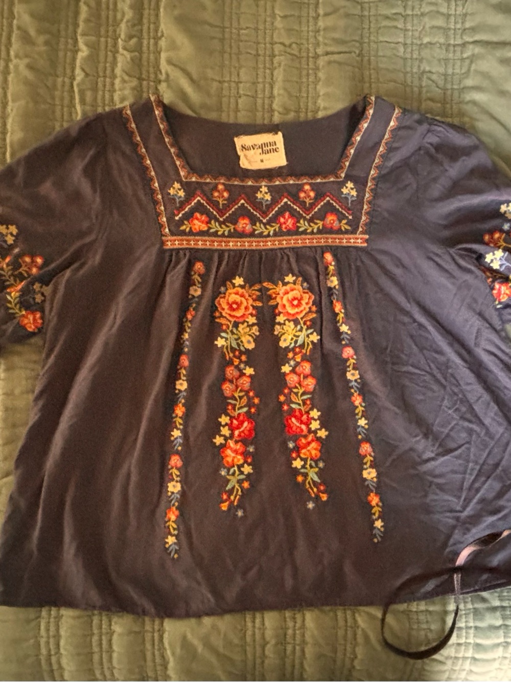 Savanna Jane Navy Floral Embroidered Square-Neck Blouse
